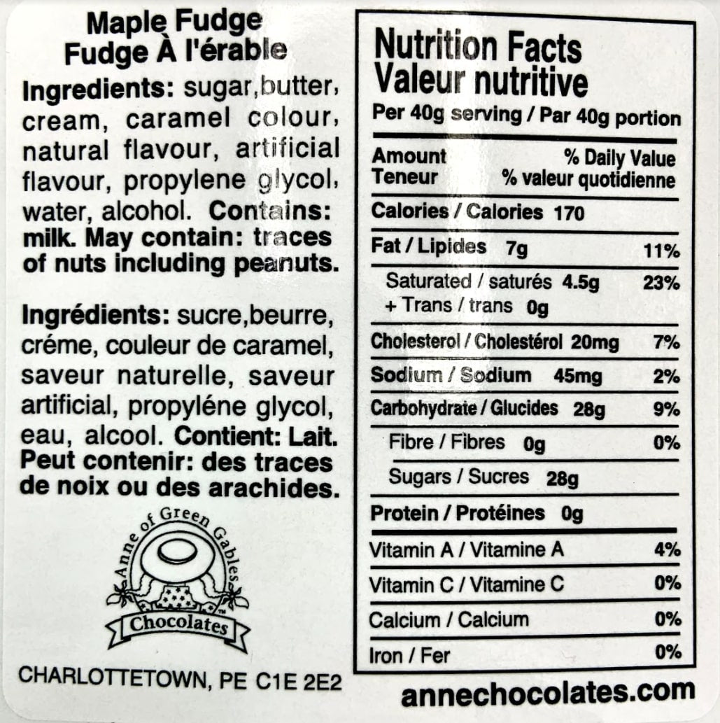 Maple Fudge Nutritional Label