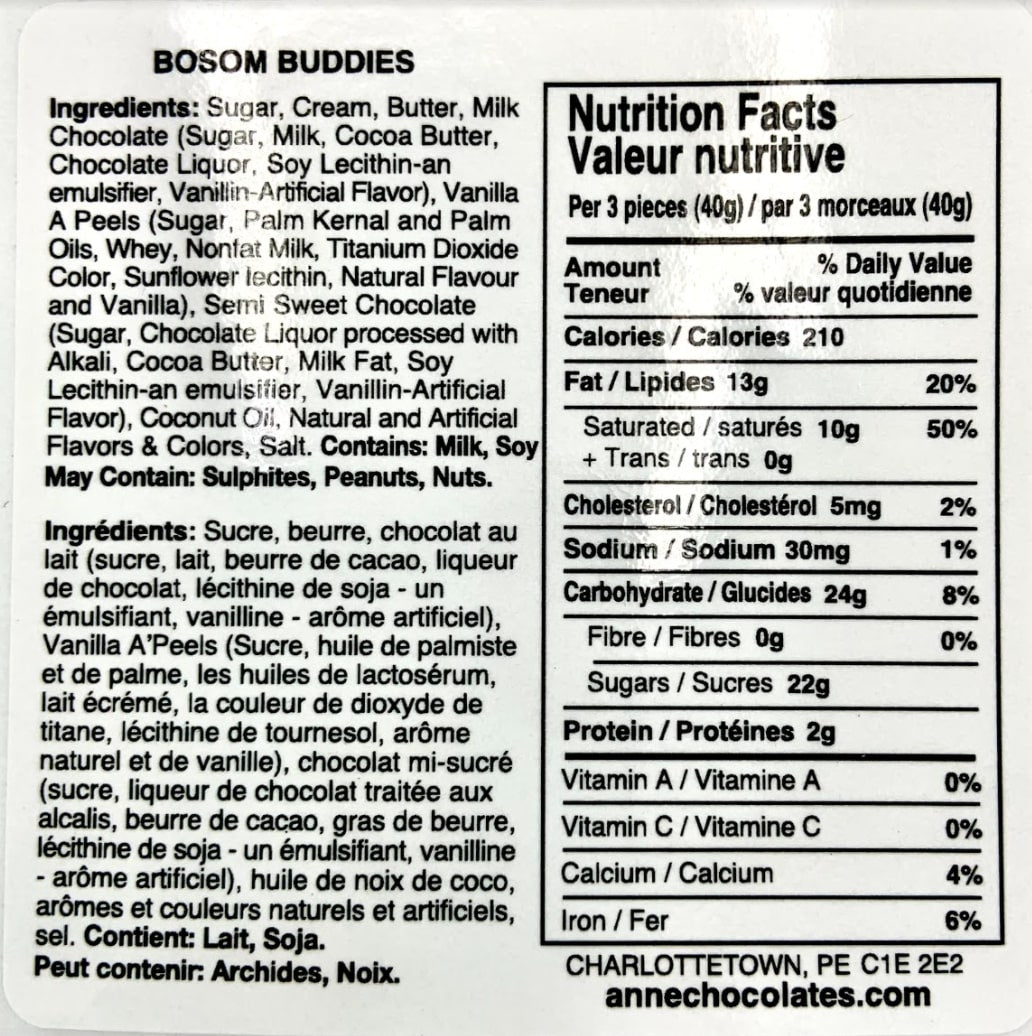 Bosom Buddies Nutritional Label
