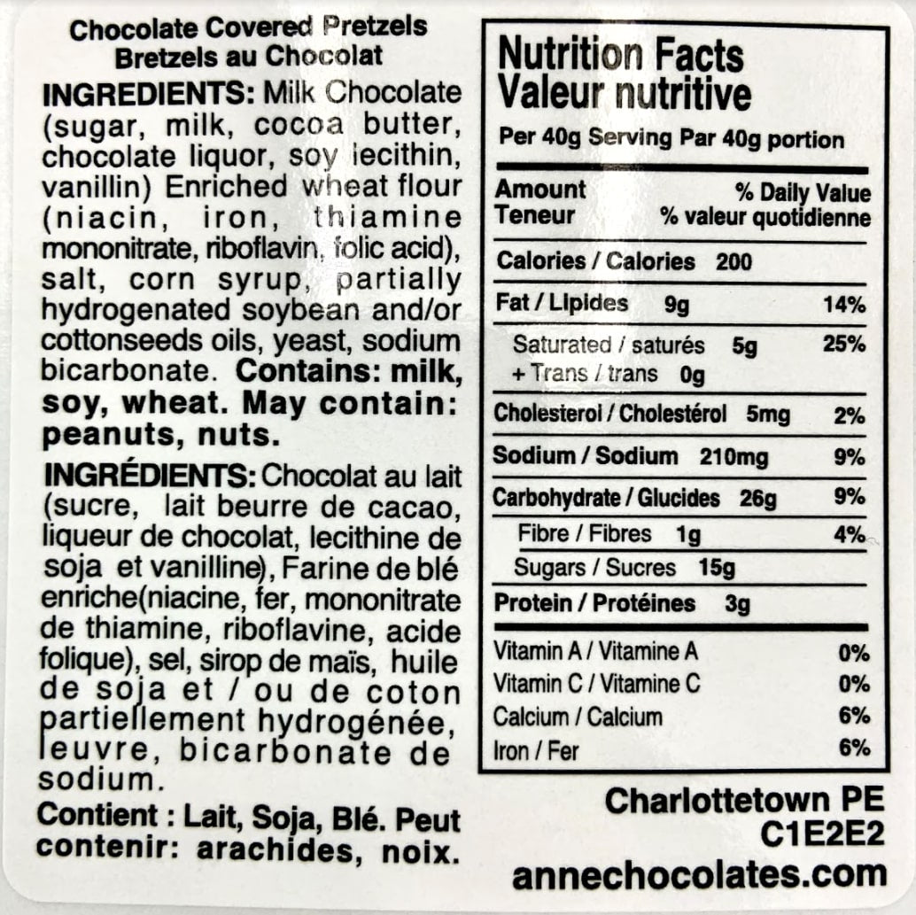 Chocolate Covered Pretzels Nutritional Label