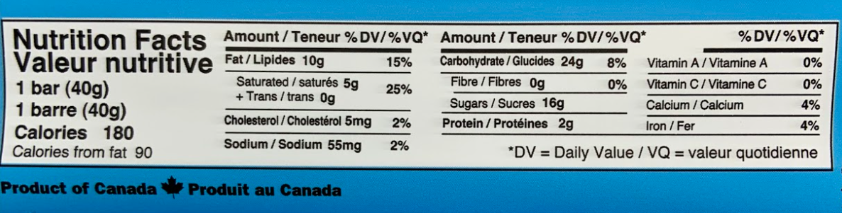 Anne Snap Bar Nutritional Label