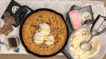 Anne’s Chocolates Almond Toffee Crunch Skillet Cookie with Homemade Ice Cream and Salted Caramel Sauce