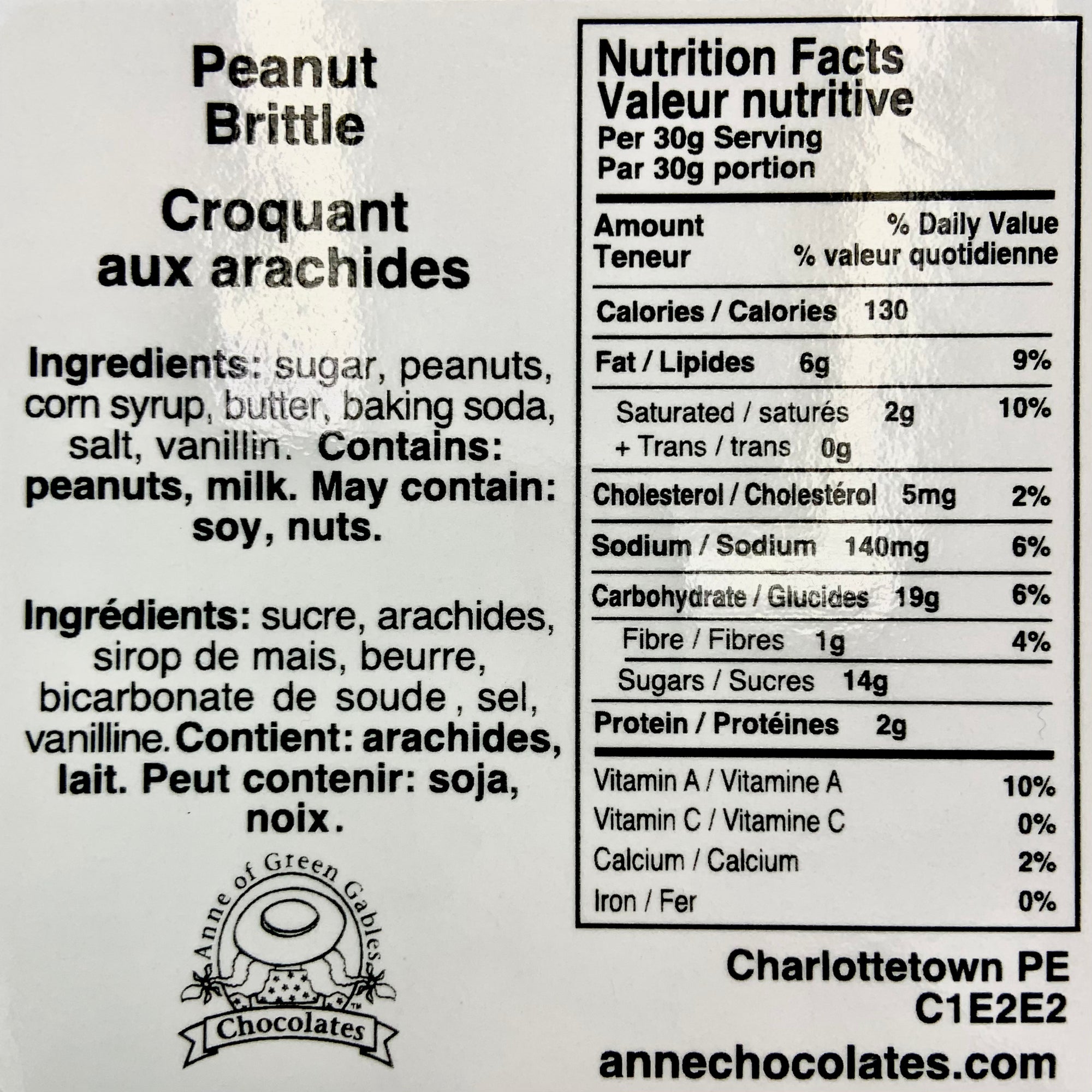 Peanut Brittle Nutritional Label