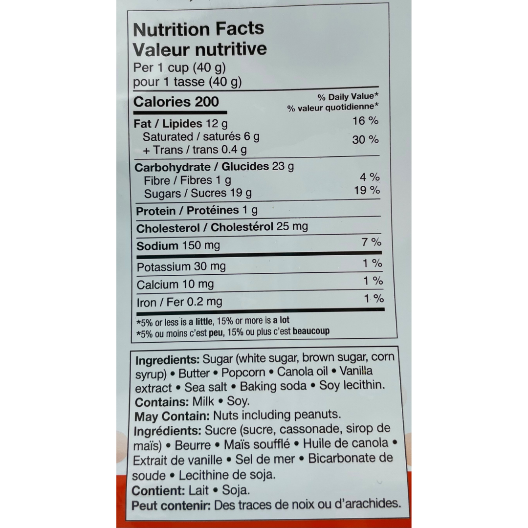 Chips Nutritional Label