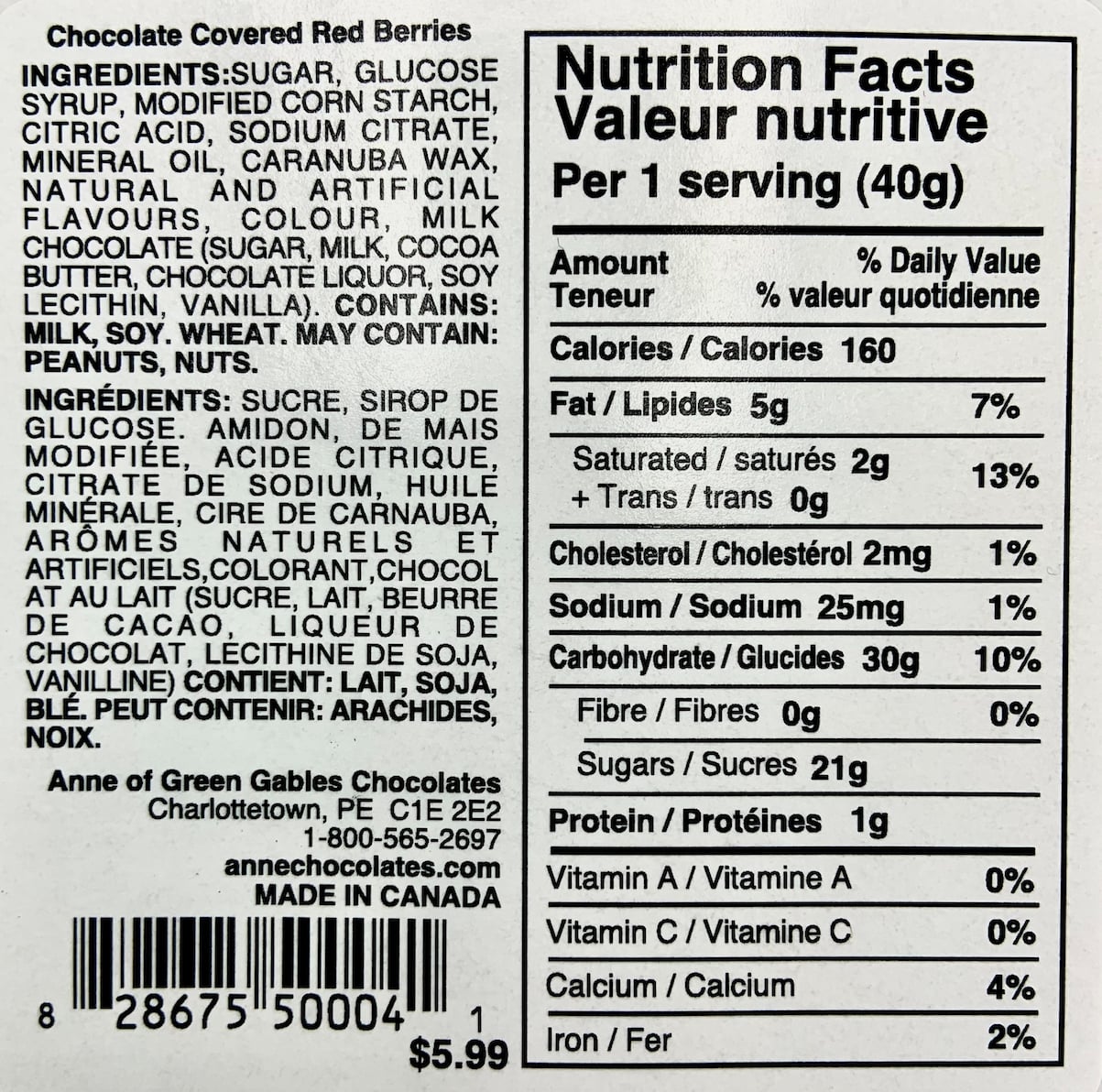 Diana Berries Nutritional Label