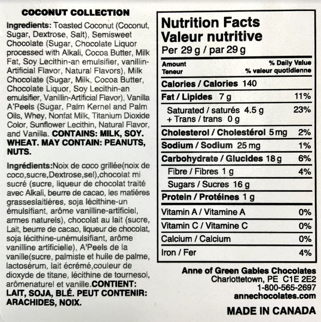 Coconut Collection Nutritional Label