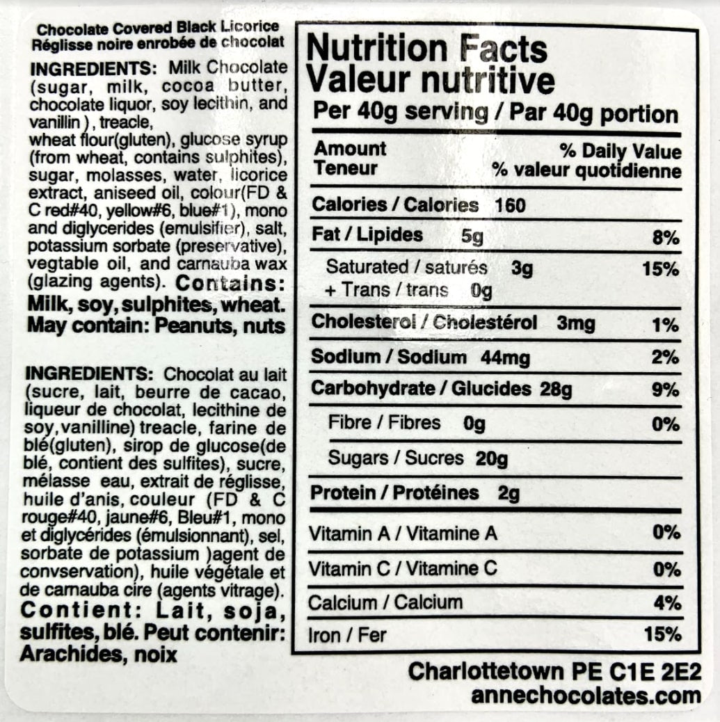 Chocolate Covered Licorice Nutritional Label