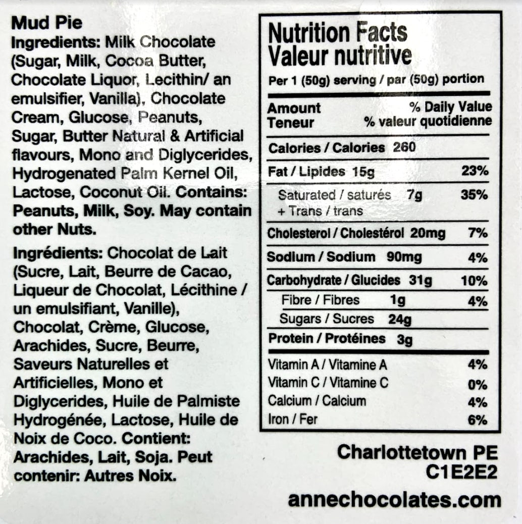Mud Pie Nutritional Label