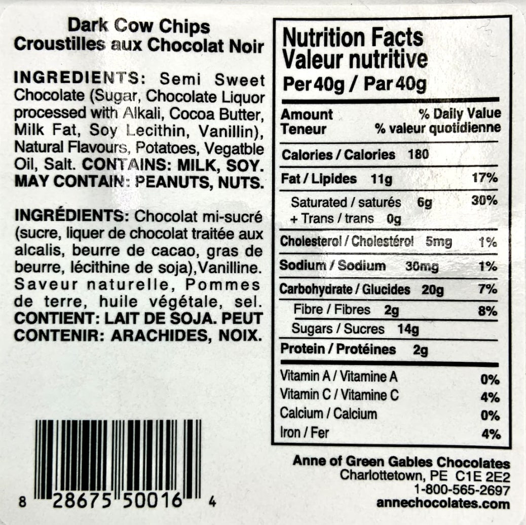 Dark COW Chip Nutritional Label