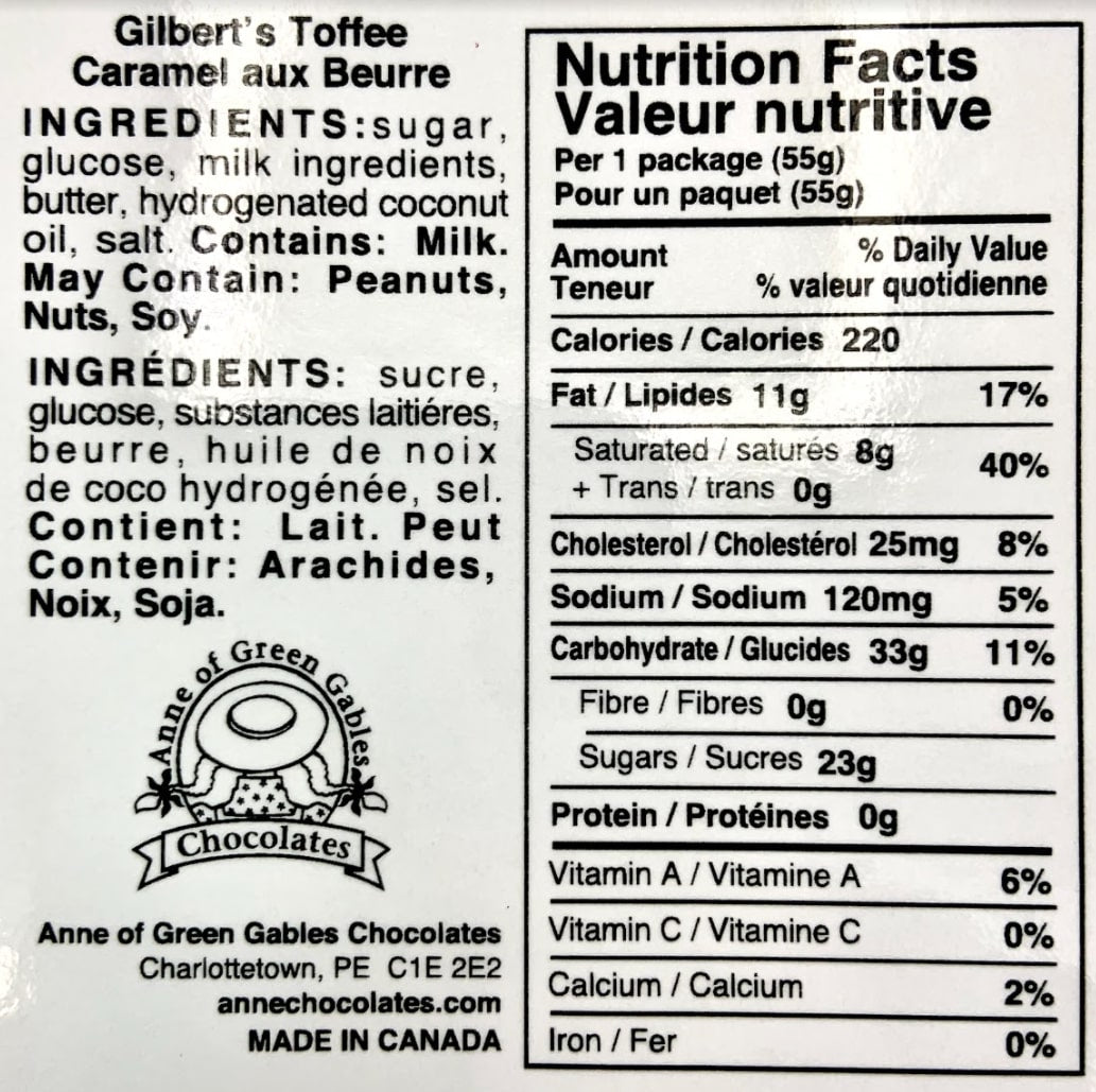Gilberts Toffee Nutritional Label