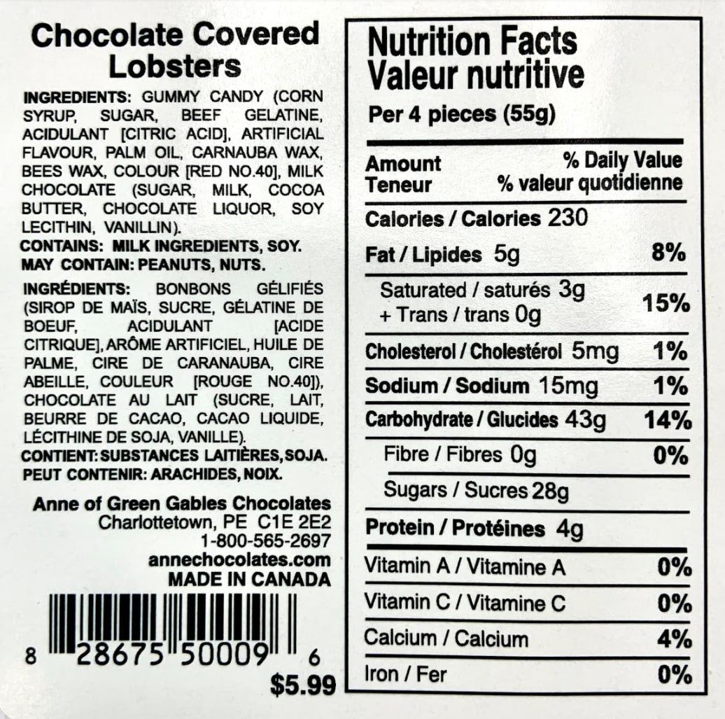 Chocolate Covered Lobsters Nutritional Label