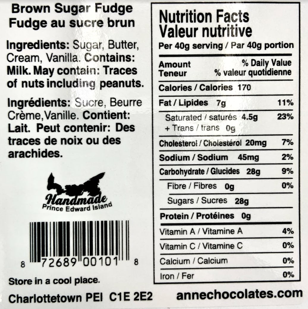 Brown Sugar Fudge Nutritional Label