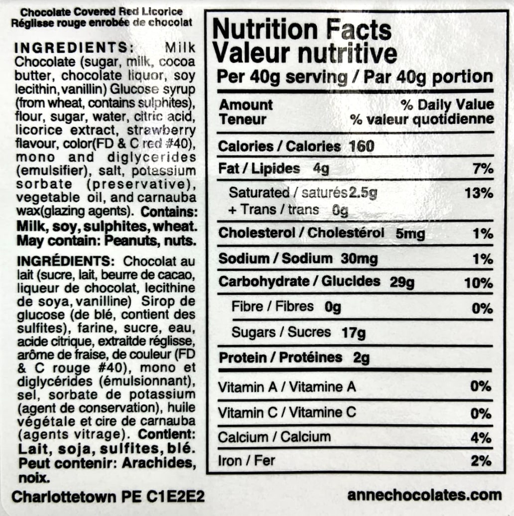 Chocolate Covered Licorice Nutritional Label