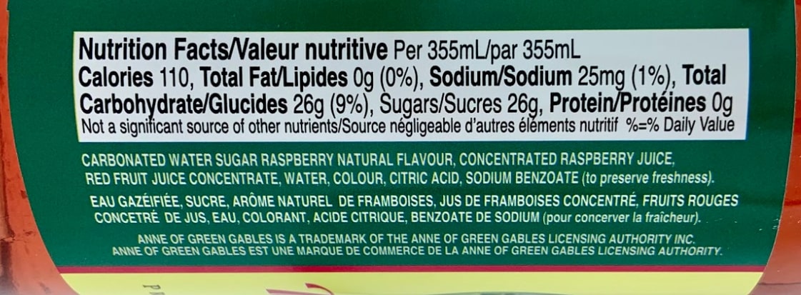 Raspberry Cordial Nutritional Label