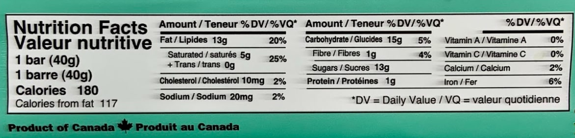 Mint Chocolate Bar Nutritional Label