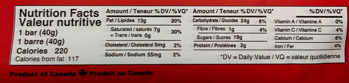 Cow Chip Bar Nutritional Label