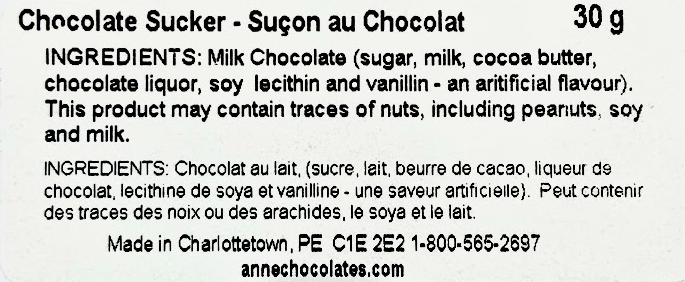 Chocolate Sucker Nutritional Label